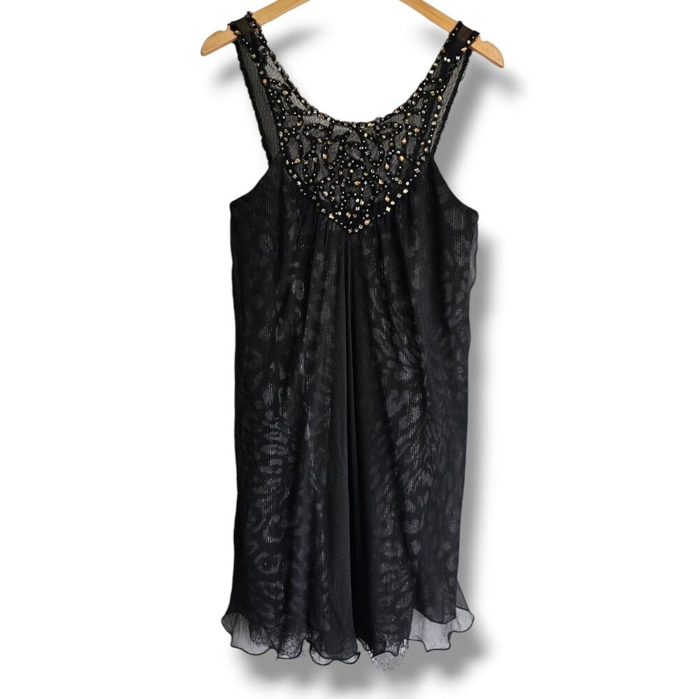BCBGMaxAzria Dress Black Size 10 Embellished Gauzy Layers Lace Beaded Fairy Boho